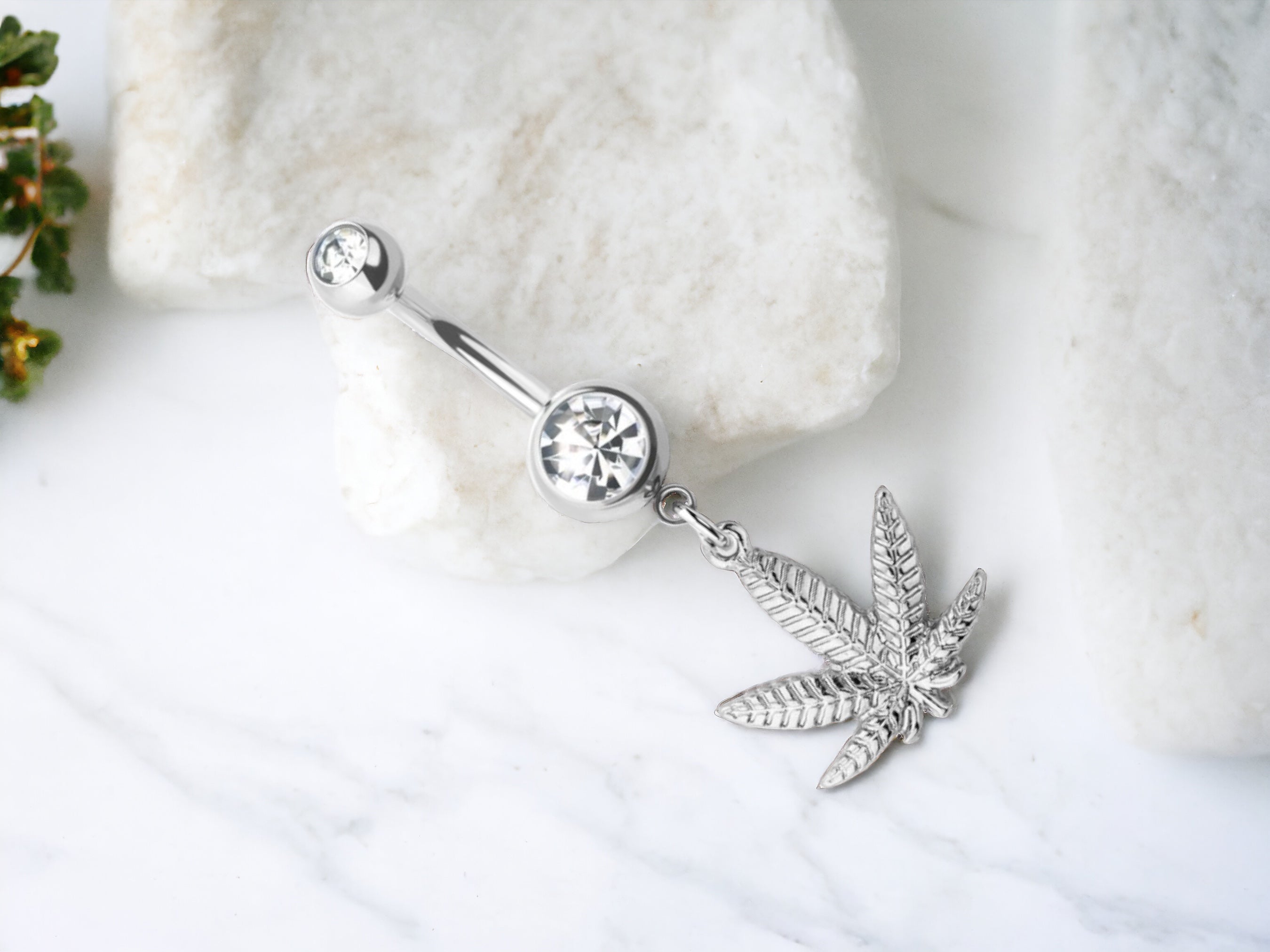 Silver Plain Marijuana Dangling Belly Button Ring