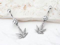 Silver Plain Marijuana Dangling Belly Button Ring