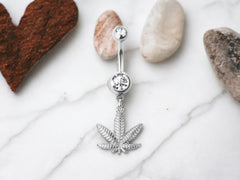 Silver Plain Marijuana Dangling Belly Button Ring