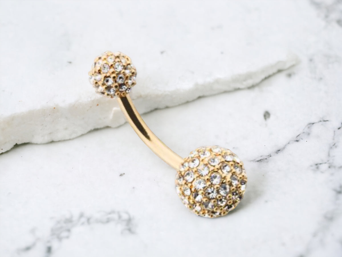 Gold Sprinkled Diamonds Full Dome Cluster Belly Button Ring. Belly Piercing. Belly Ring. Navel Ring.