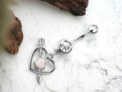 Silver Cupid Heart White Opal Surgical Steel Belly Button Ring