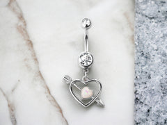 Silver Cupid Heart White Opal Surgical Steel Belly Button Ring