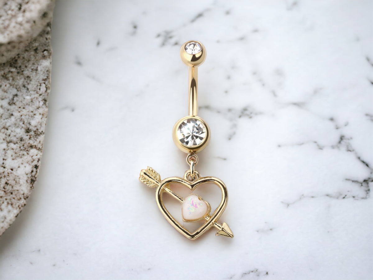 Gold Heart White Opal Surgical Steel Dangling Belly Button Ring