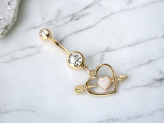 Gold Heart White Opal Surgical Steel Dangling Belly Button Ring