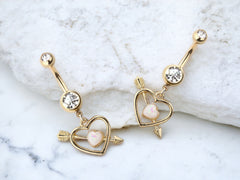 Gold Heart White Opal Surgical Steel Dangling Belly Button Ring