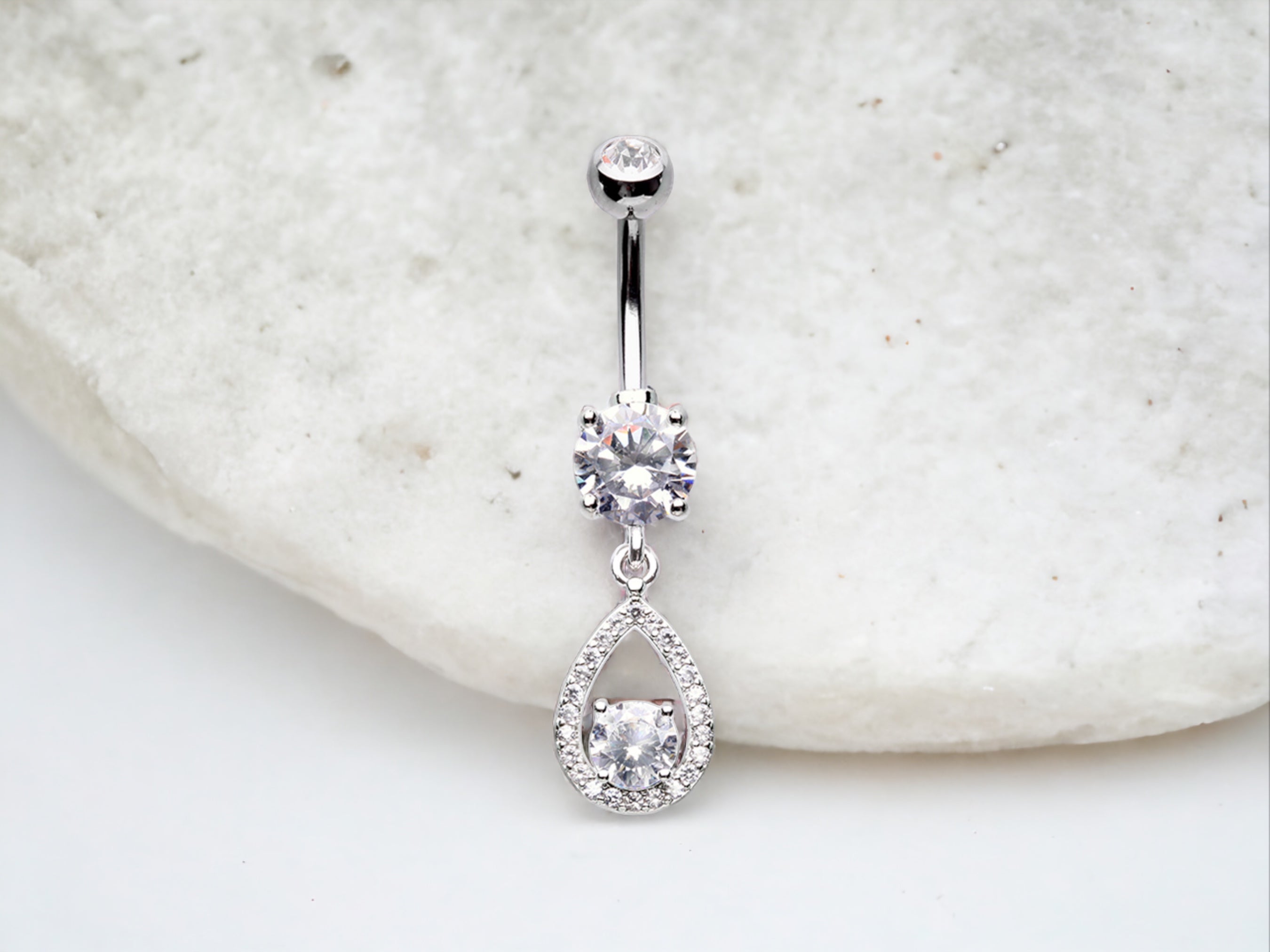 Dainty Silver Teardrop Dangling Belly Button Ring. Fancy Belly Ring