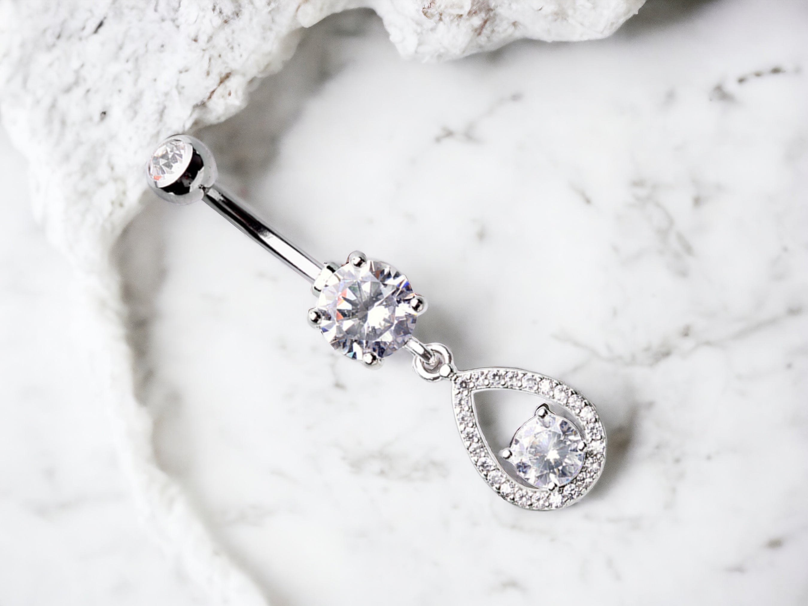 Dainty Silver Teardrop Dangling Belly Button Ring. Fancy Belly Ring