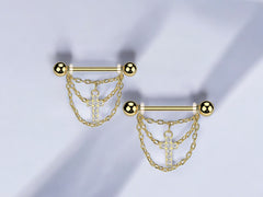 Dangle Chain Nipple Ring, Triple Tier Chain Dangle Nipple Piercing Barbell Jewelry, 14G Gold Nipple Ring