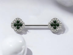 Pair of 14G Silver Clover Flower Ends Nipple Barbell. Nipple Piercings. Nipple Jewelry