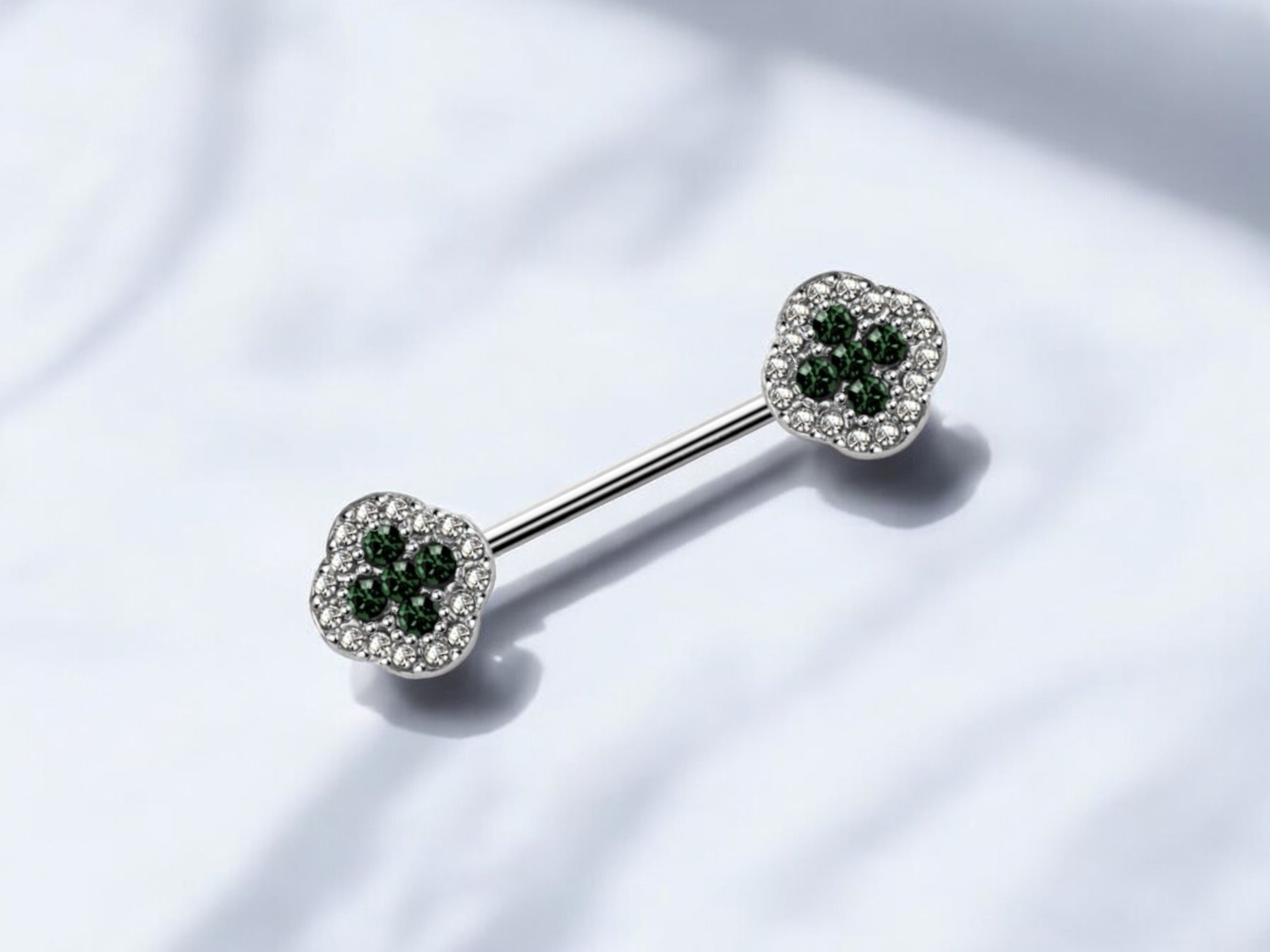 Pair of 14G Silver Clover Flower Ends Nipple Barbell. Nipple Piercings. Nipple Jewelry