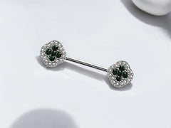 Pair of 14G Silver Clover Flower Ends Nipple Barbell. Nipple Piercings. Nipple Jewelry