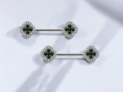 Pair of 14G Silver Clover Flower Ends Nipple Barbell. Nipple Piercings. Nipple Jewelry