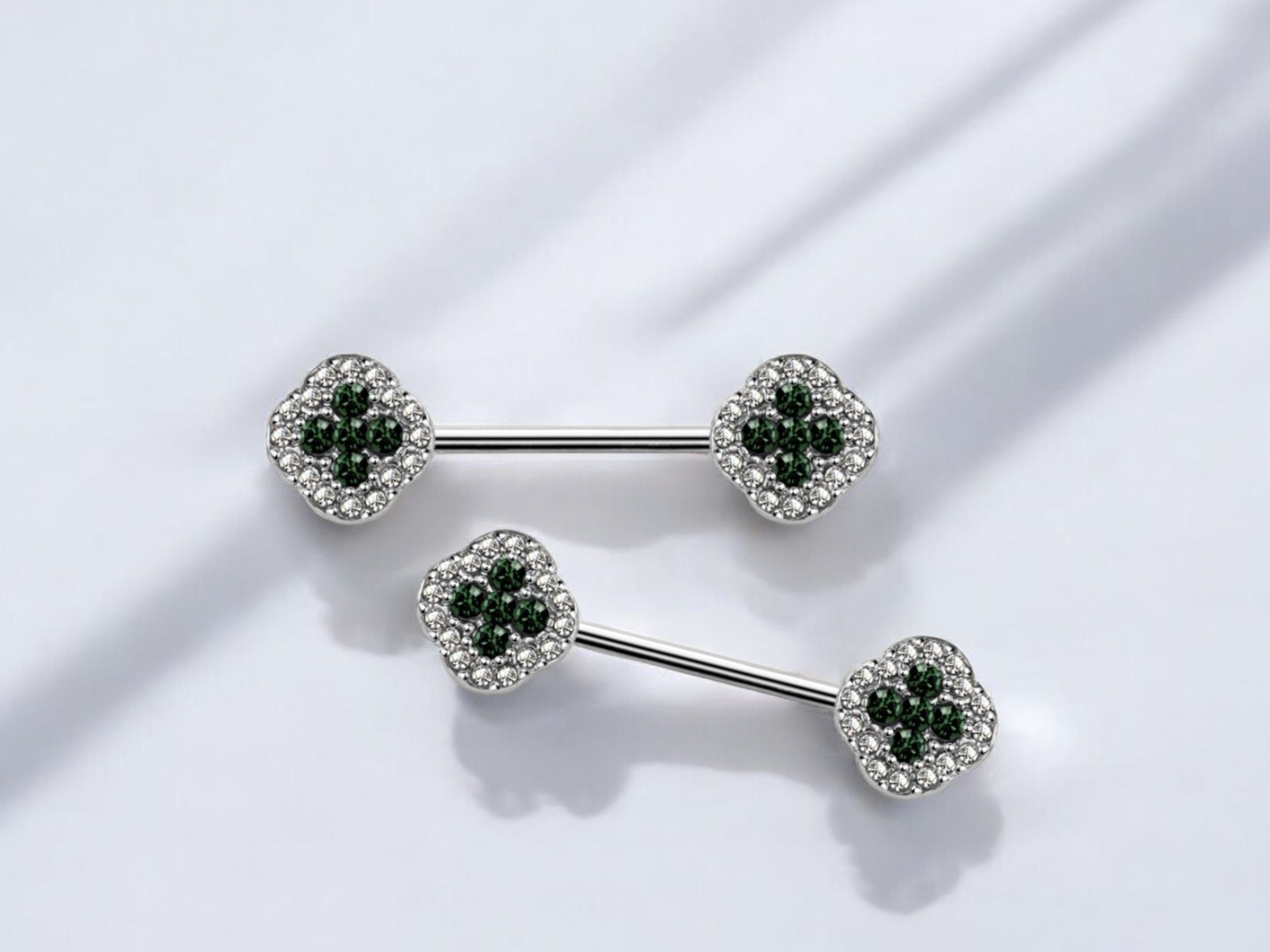 Pair of 14G Silver Clover Flower Ends Nipple Barbell. Nipple Piercings. Nipple Jewelry