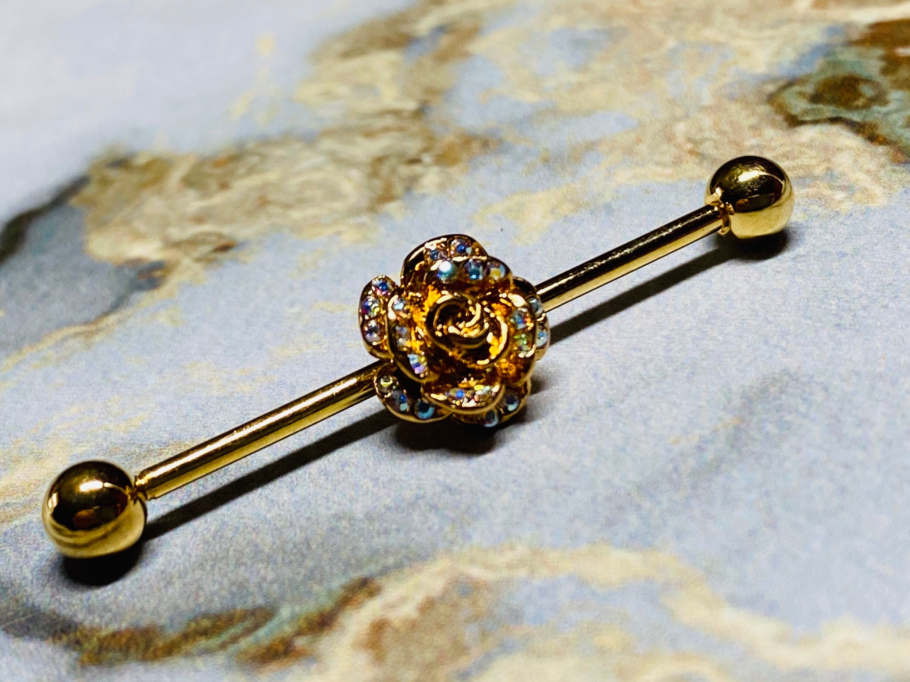 14G Rose with Aurora Borealis Stones Industrial Barbell. Industrial Bar. Industrial Piercing. Body Jewelry