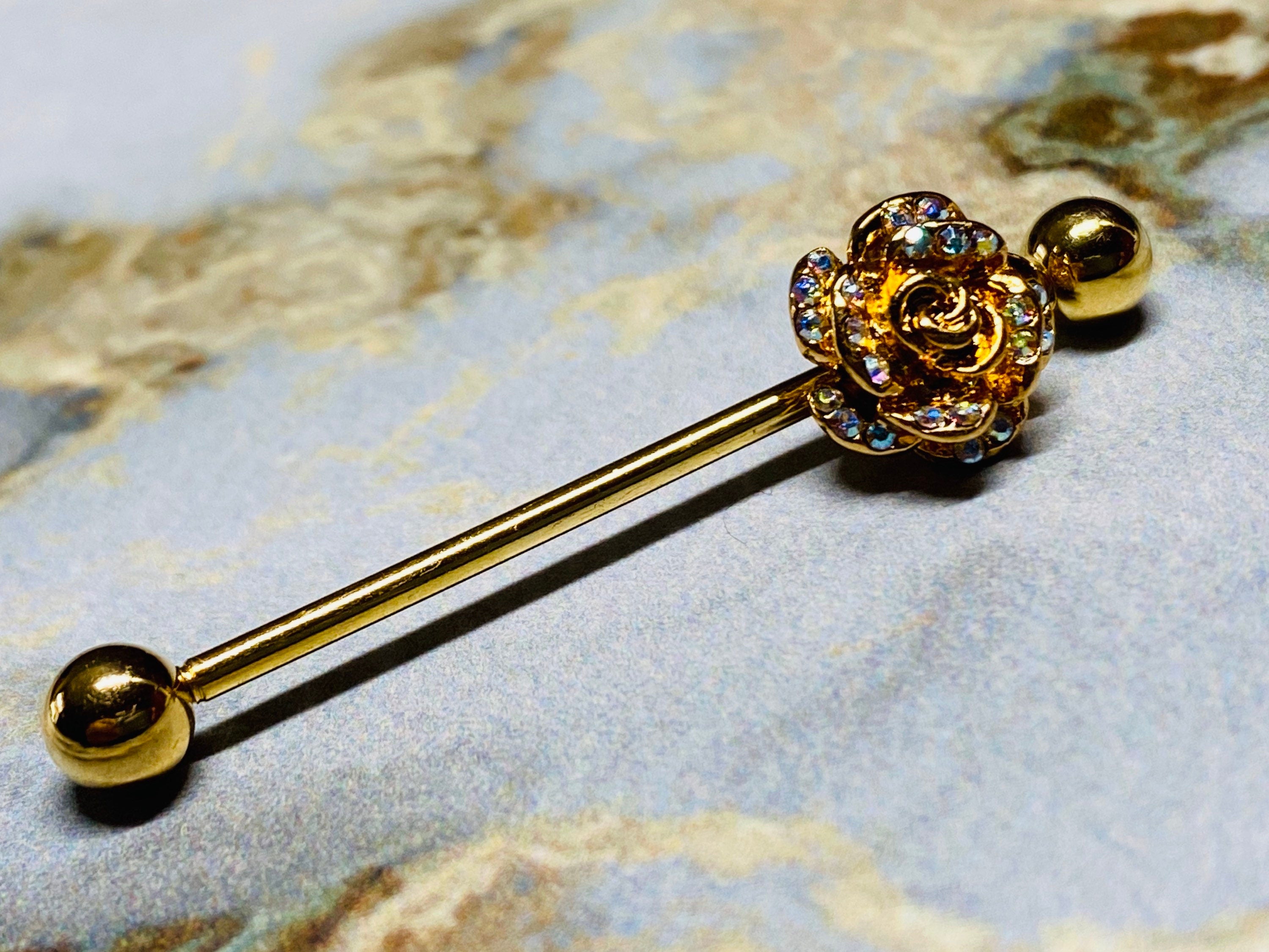 14G Rose with Aurora Borealis Stones Industrial Barbell. Industrial Bar. Industrial Piercing. Body Jewelry