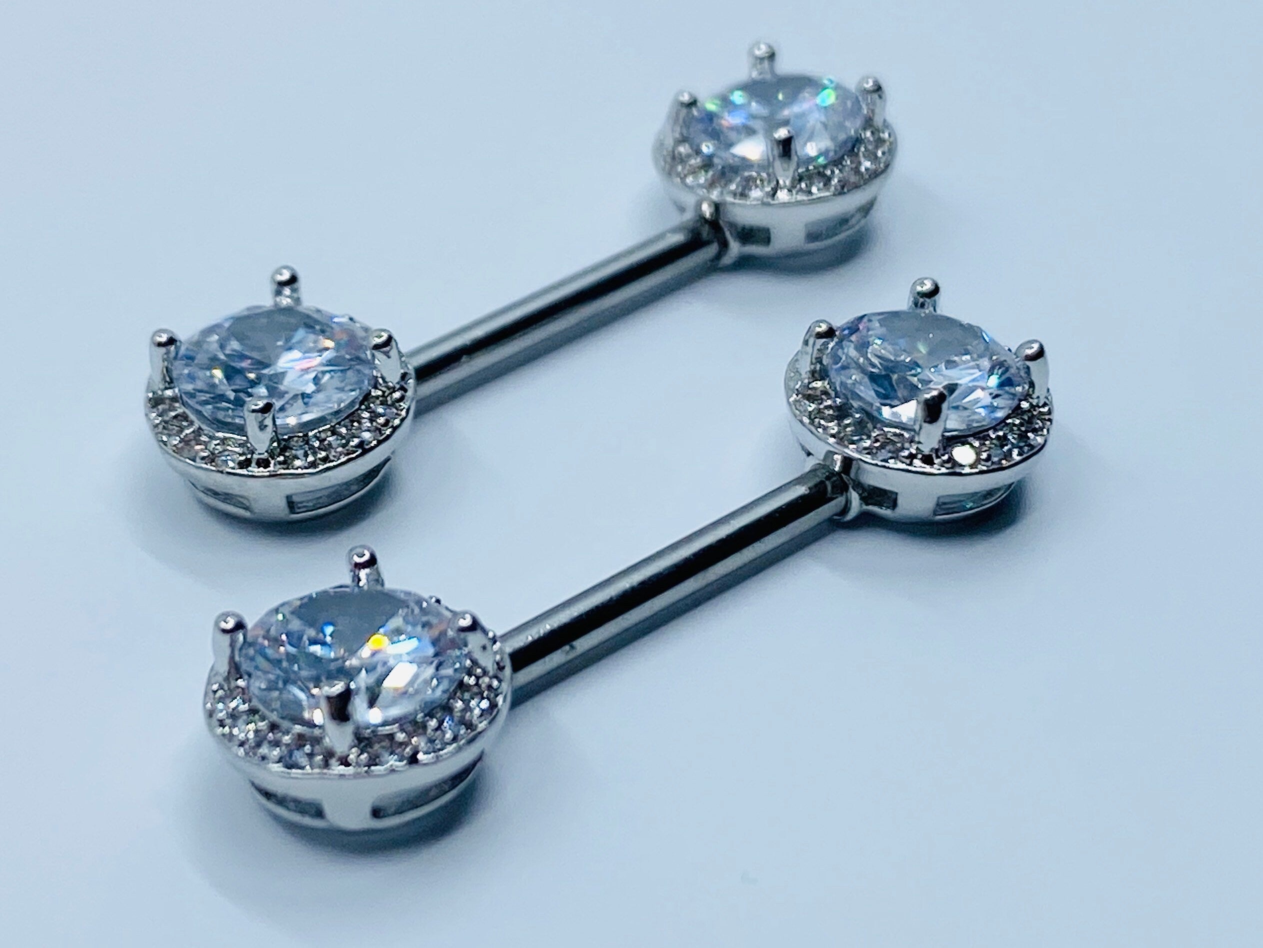 14G Round Crystal Centered Nipple Barbells. Nipple Piercings. Nipple Rings. Nipple Jewelry.