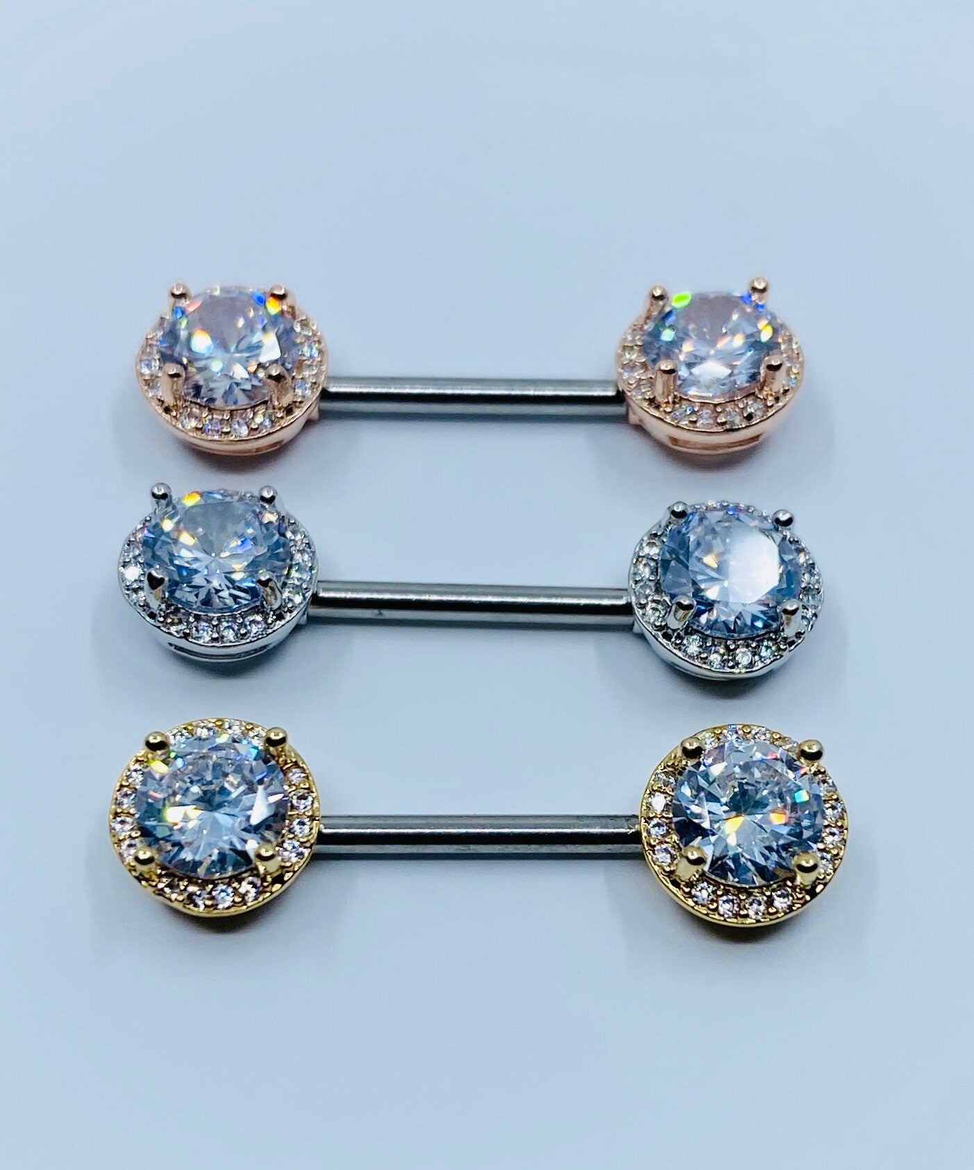 14G Round Crystal Centered Nipple Barbells. Nipple Piercings. Nipple Rings. Nipple Jewelry.