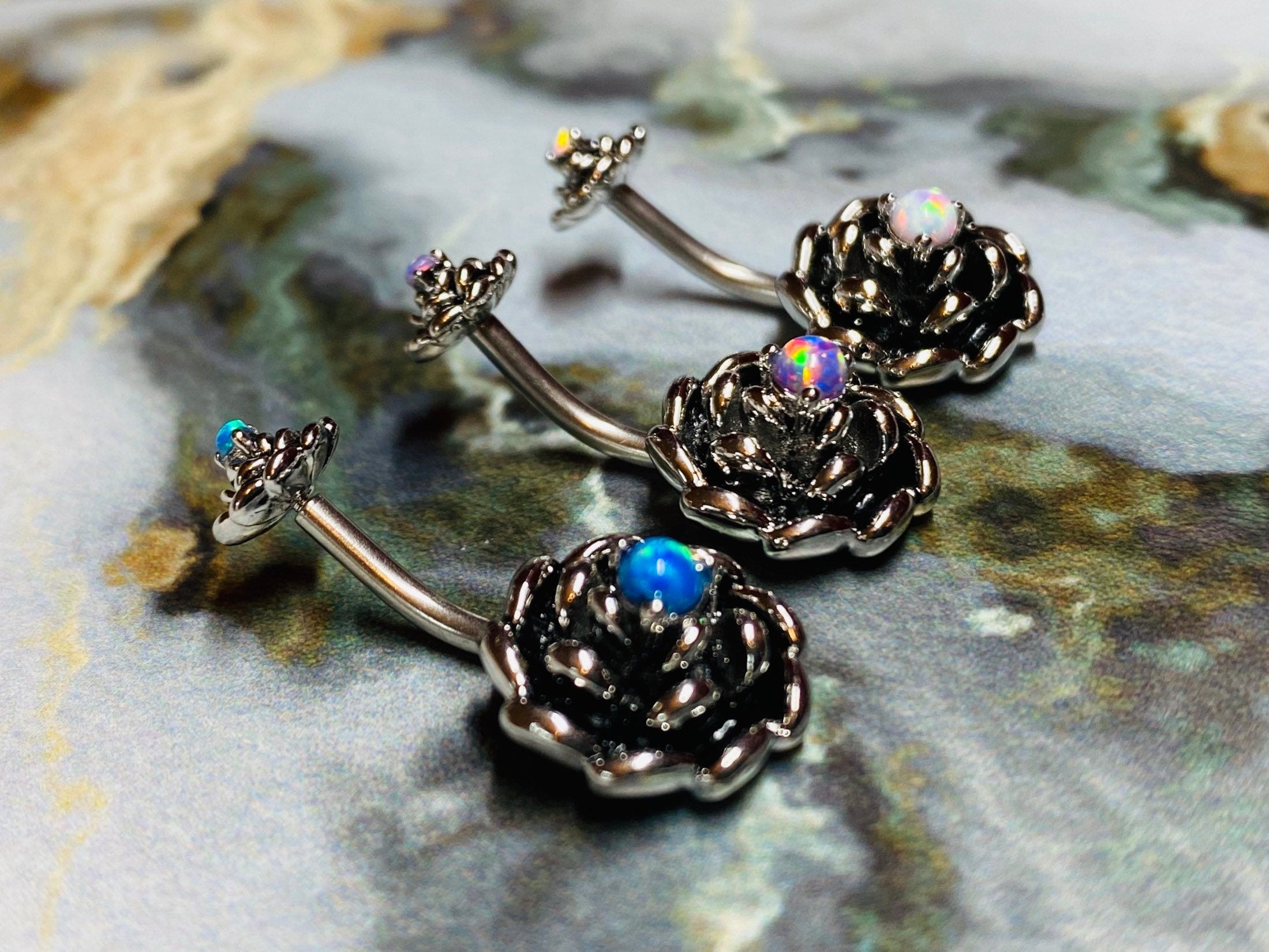 Antique silver plated with opal centered Belly Button Ring. Belly Rings. Belly Piercings. Navel Ring.