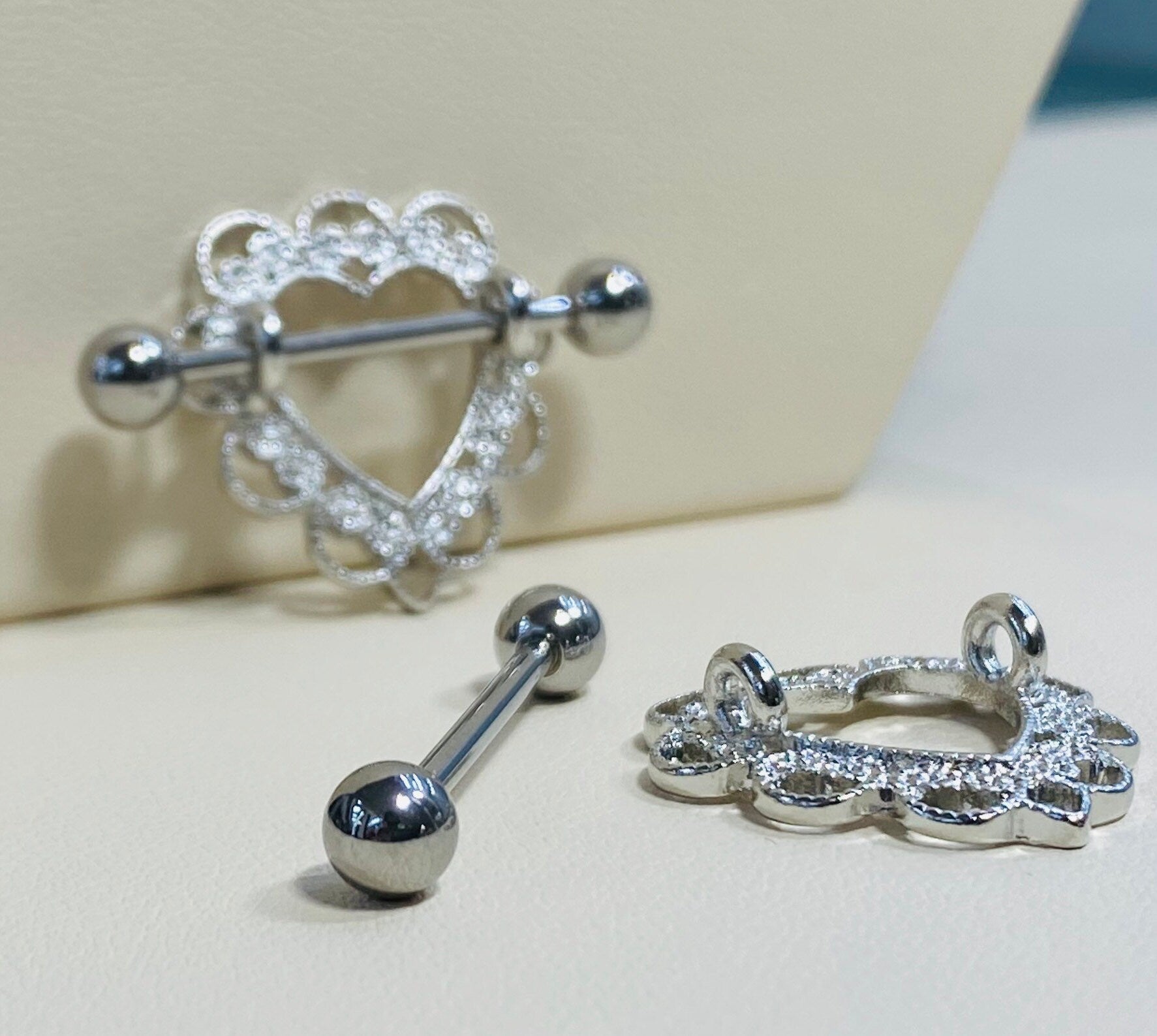 14G Filigree Heart Nipple Barbells. Nipple Piercings. Nipple Rings. Nipple Jewlery