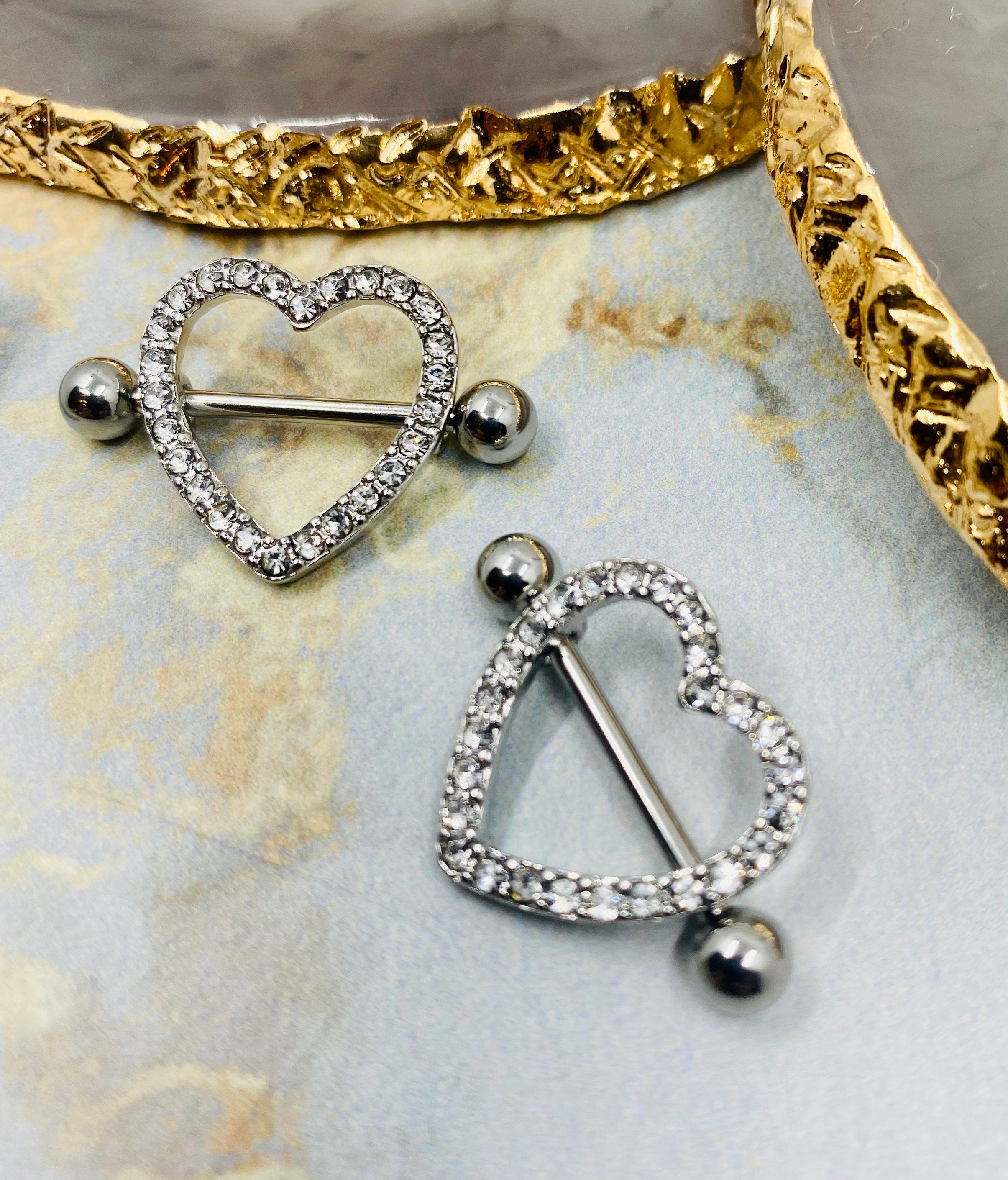 14G Silver Heart Paved Crystals Nipple Barbells. Nipple Jewelry. Nipple Piercing.