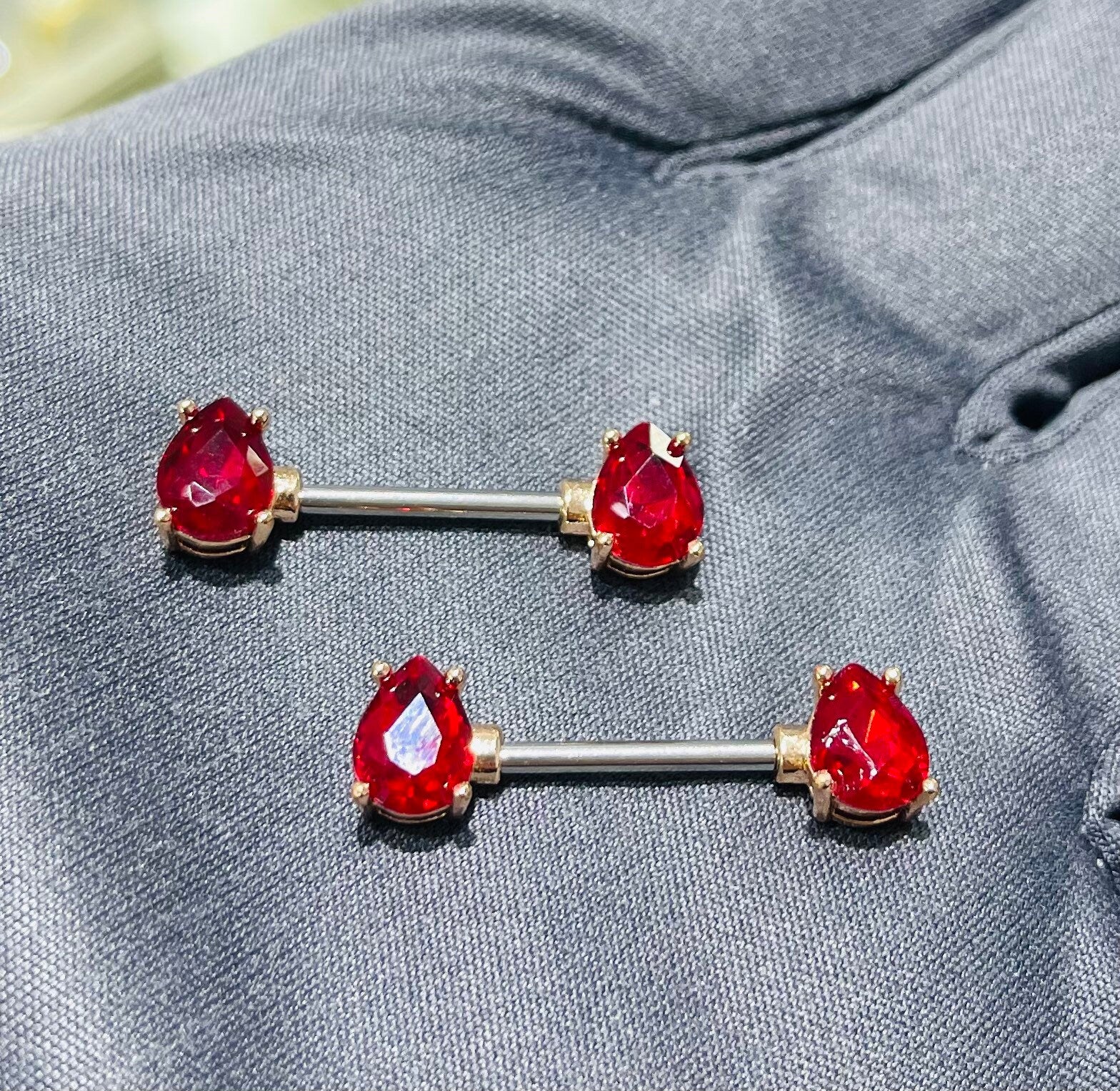 Pair of 14G Teardrop Red Gems with Rose Gold Accent Nipple Barbells. Nipple Rings. Nipple Piercing. Nipple Jewelry. Body Jewelry