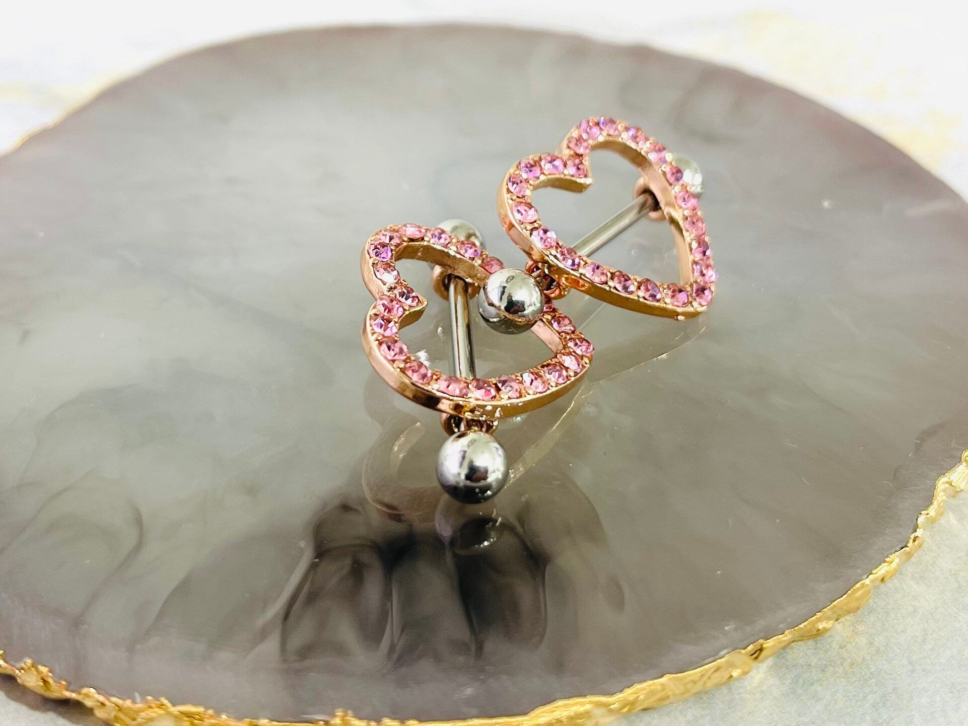 14G Rose Gold Sparkling Heart with Paved Pink Crystal Stones Nipple Barbells. Nipple Jewelry. Nipple Piercing. Body Jewelry.