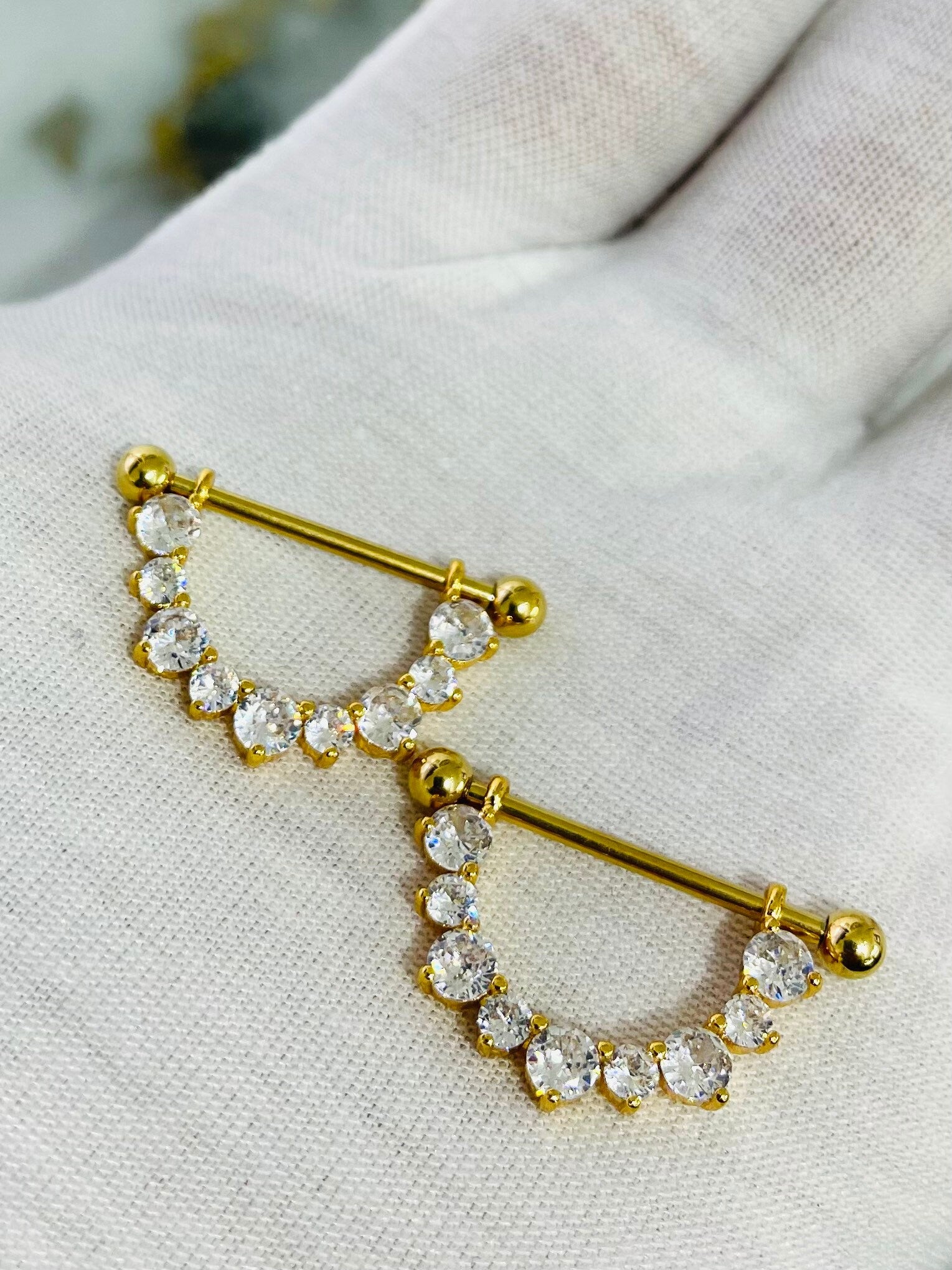 Pair of 14G Gold Sparkling Clear Stones Dangling Nipple Shield Ring. Nipple Rings. Nipple Piercing. Nipple Jewelry. Nipple Barbells.