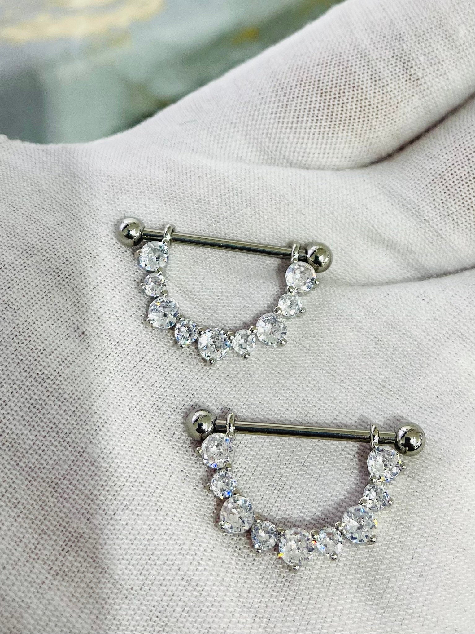 Pair of 14G Silver Sparkling Clear Stones Dangling Nipple Shield Ring. Nipple Rings. Nipple Piercing. Nipple Jewelry. Nipple Barbells.