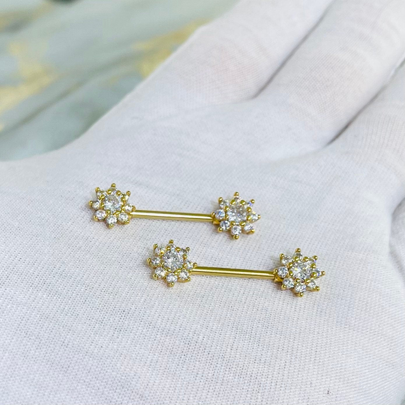 Pair of 14G Gold Sparkling Flower Gems Nipple Barbells. Nipple Piercing. Nipple Rings. Nipple Jewelry.