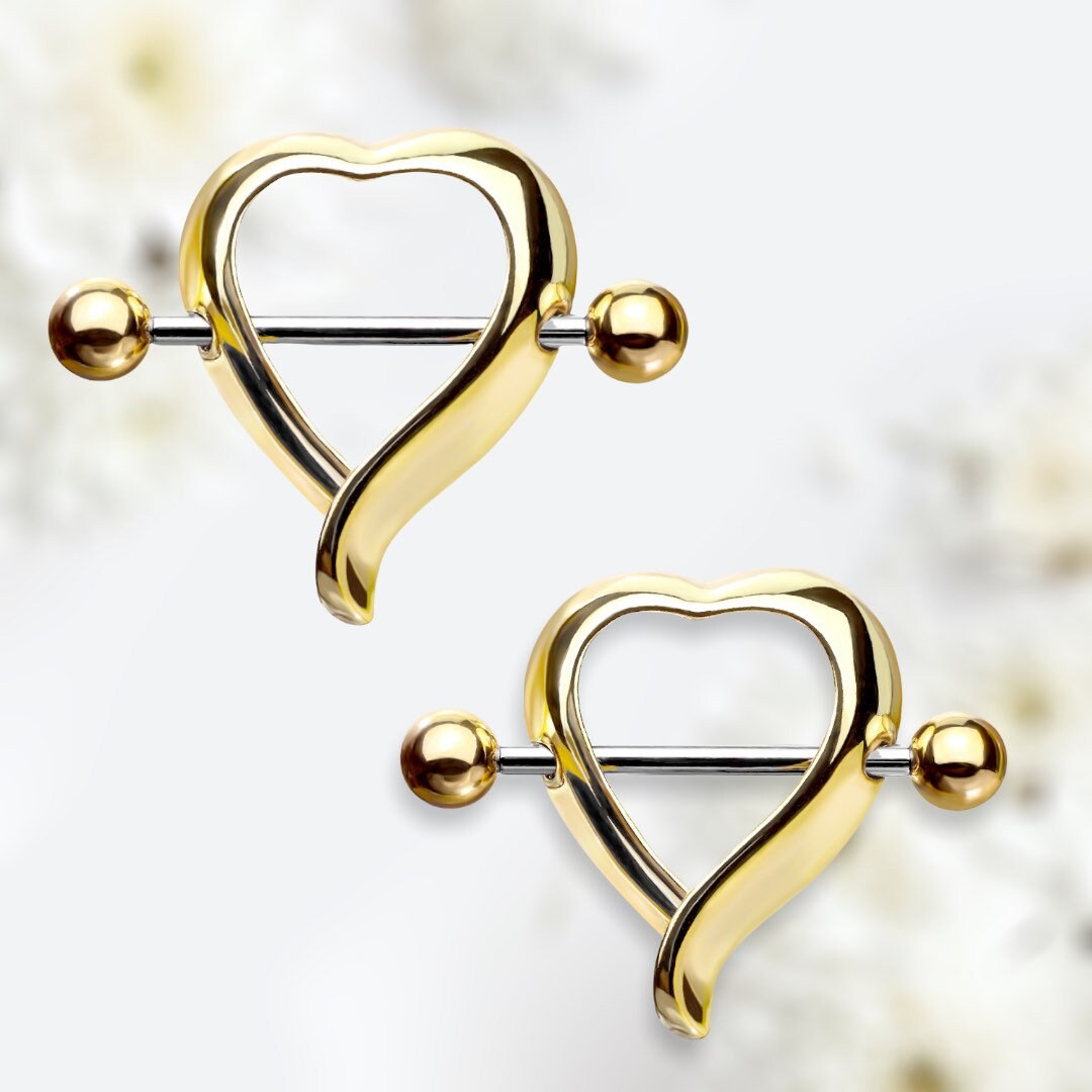 Set of 14G Plain Gold Heart Shape Nipple Shield. Nipple Rings. Nipple Piercing. Nipple Jewelry