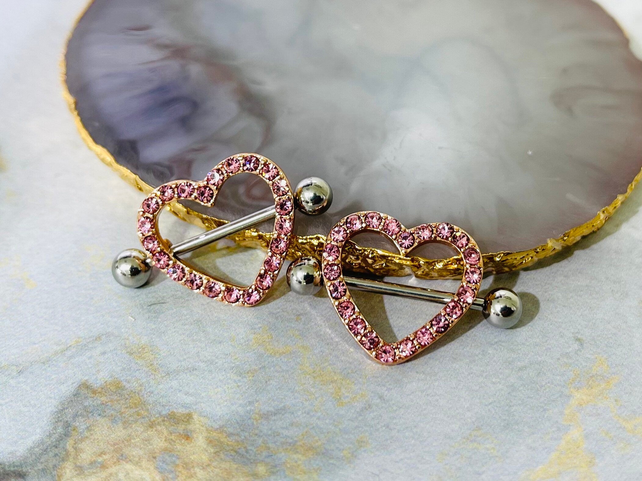 14G Rose Gold Sparkling Heart with Paved Pink Crystal Stones Nipple Barbells. Nipple Jewelry. Nipple Piercing. Body Jewelry.