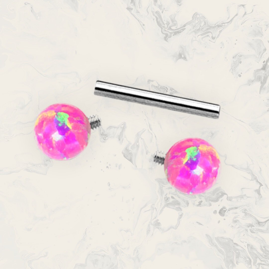 Pair of 14G Internally Threaded Pink Opal End Nipple Barbell. Nipple Rings. Nipple Piercing. Nipple Jewelry.