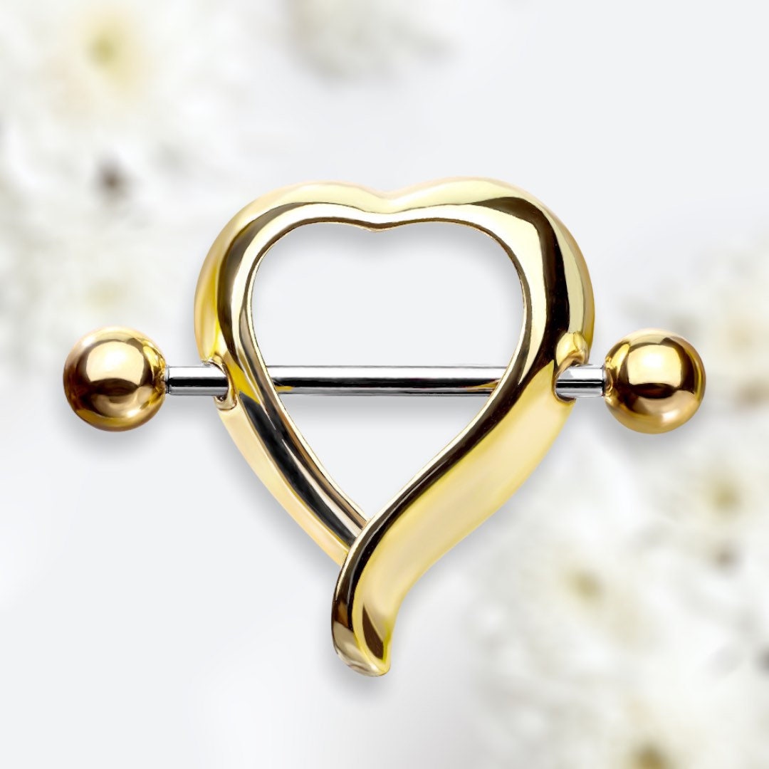 Set of 14G Plain Gold Heart Shape Nipple Shield. Nipple Rings. Nipple Piercing. Nipple Jewelry