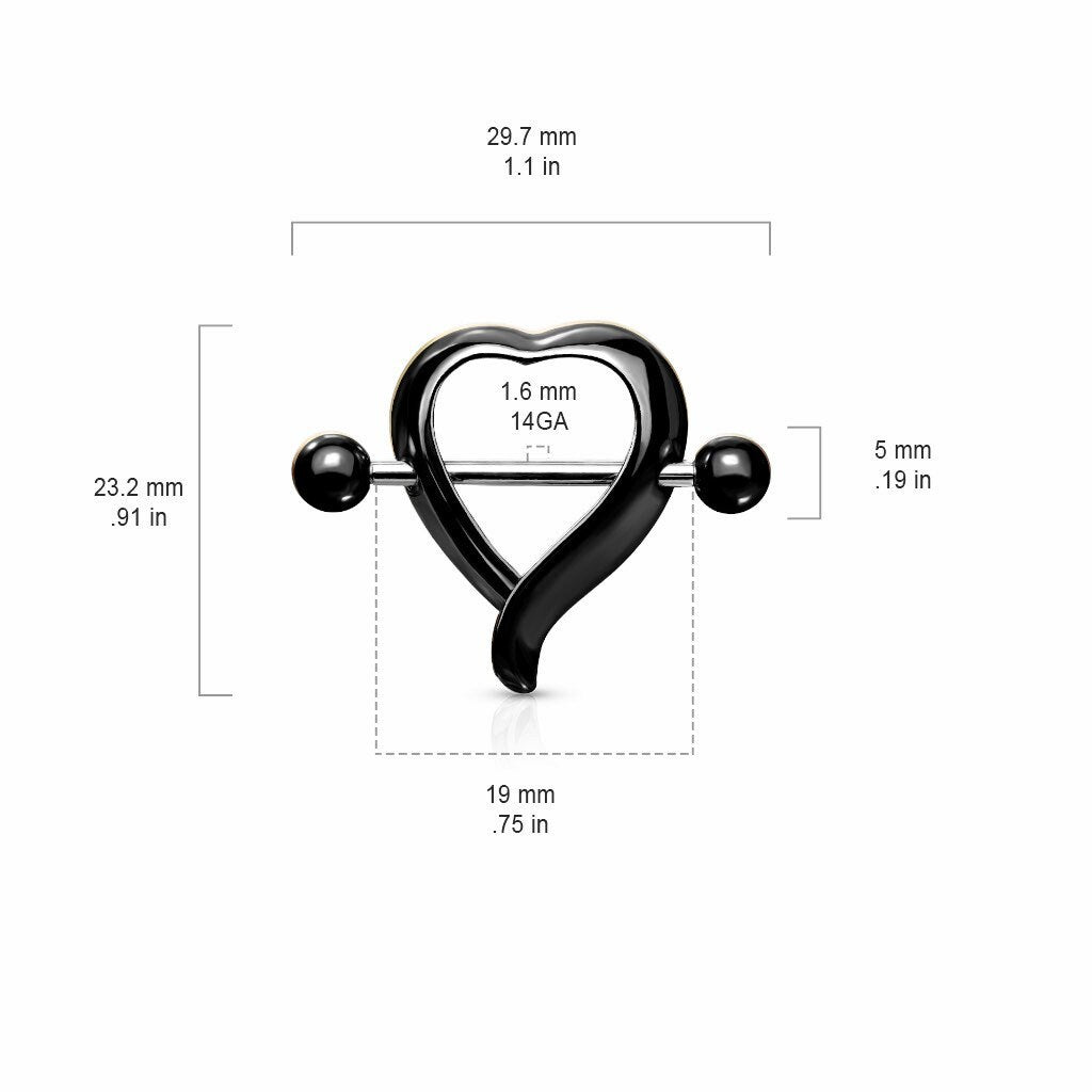 Set of 14G Plain Black Heart Shape Nipple Shield. Nipple Rings. Nipple Piercing. Nipple Jewelry