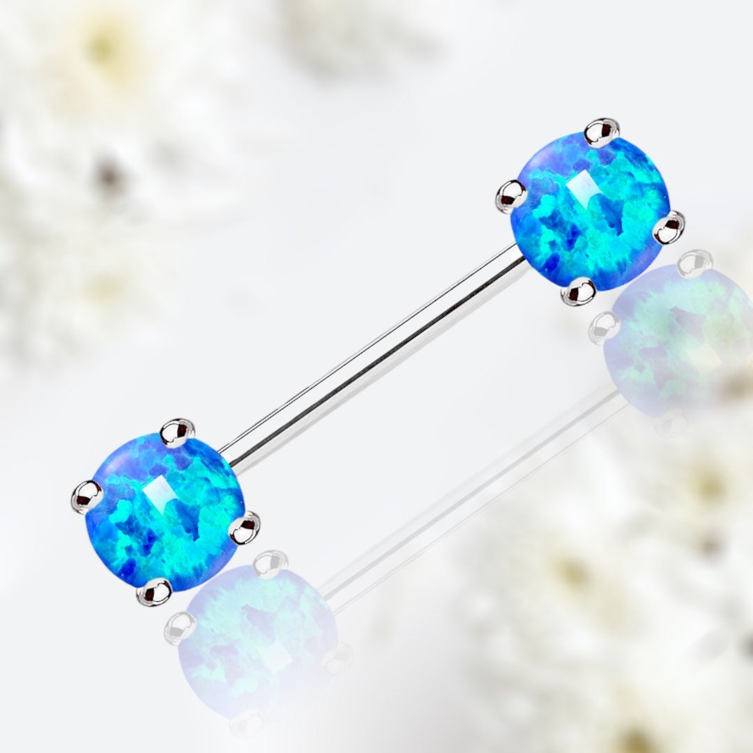 Pair of 14G Blue Opal Prong Set Nipple Barbell. Nipple Rings. Nipple Piercing. Nipple Jewelry.