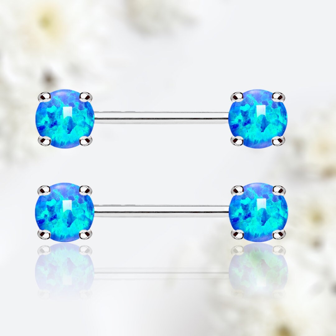 Pair of 14G Blue Opal Prong Set Nipple Barbell. Nipple Rings. Nipple Piercing. Nipple Jewelry.