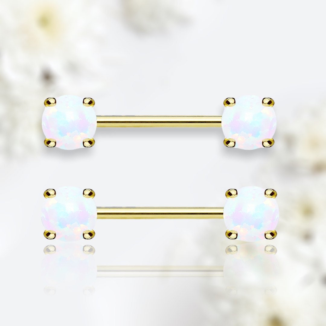 Pair of 14G Gold White Opal Prong Set Nipple Barbell. Nipple Rings. Nipple Piercing. Nipple Jewelry.