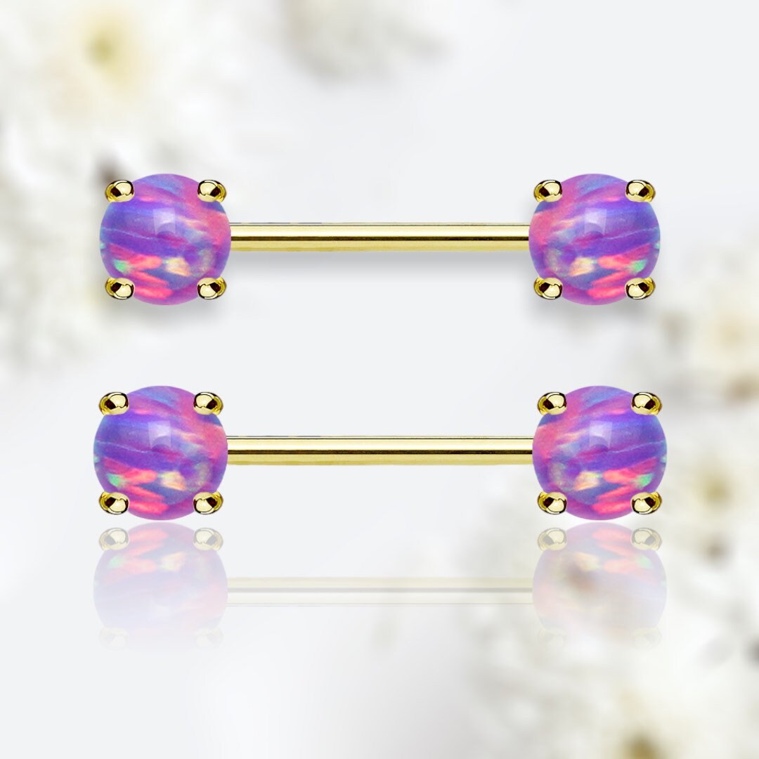 Pair of 14G Gold Purple Opal Prong Set Nipple Barbell. Nipple Rings. Nipple Piercing. Nipple Jewelry.