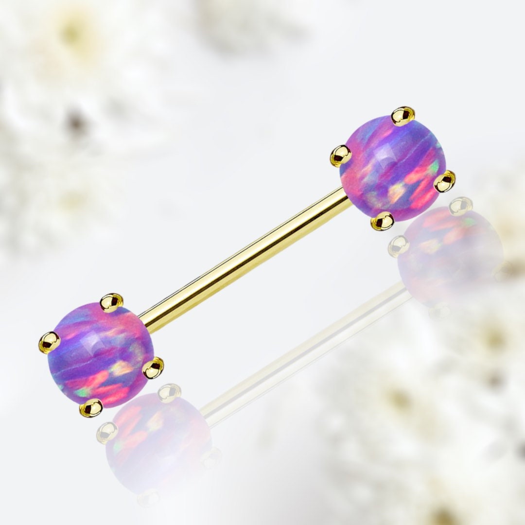 Pair of 14G Gold Purple Opal Prong Set Nipple Barbell. Nipple Rings. Nipple Piercing. Nipple Jewelry.