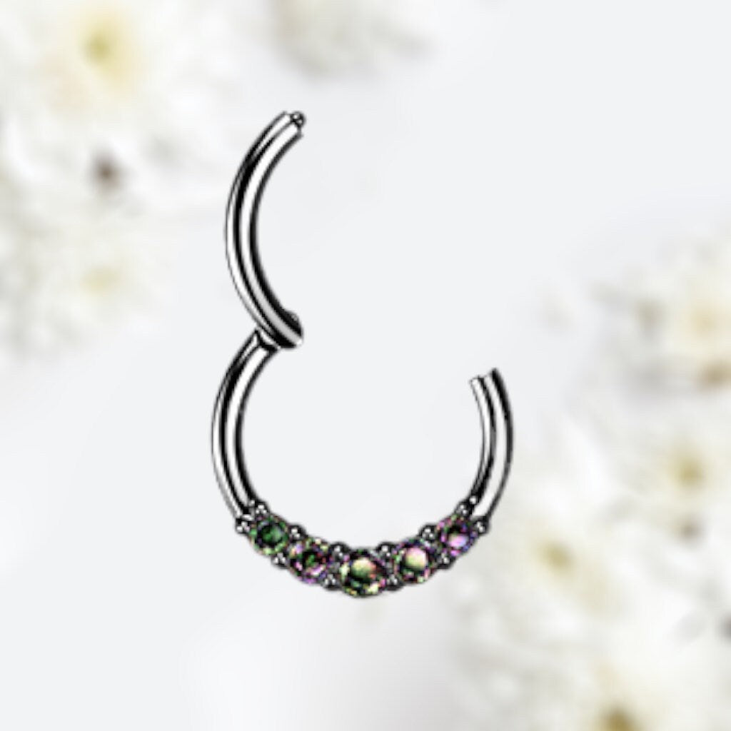 16G Black Minimal Basic Surgical Steel Septum Ring Clicker with Multicolored Stones