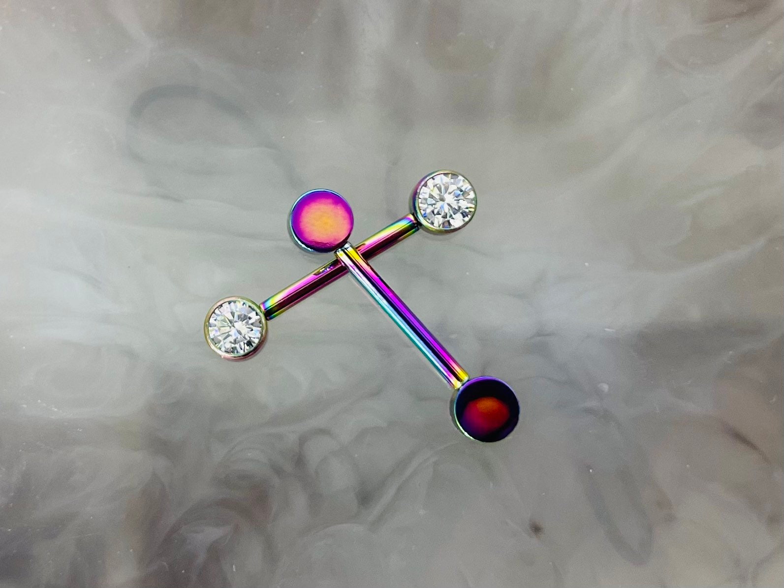 Pair of 14G Implant Grade Titanium Internally Threaded Rainbow Bezel Set Clear Stone Nipple Barbell.