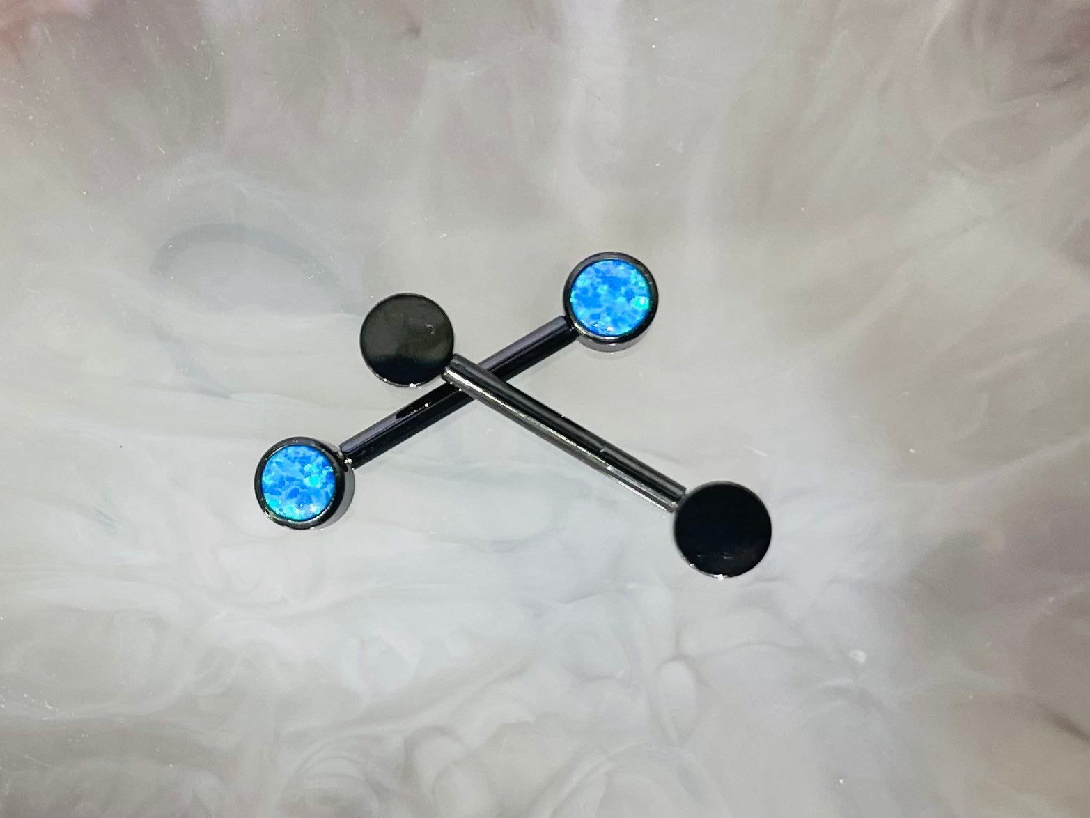 Pair of 14G Implant Grade Titanium Internally Threaded Black Bezel Set Blue Opal Stone Nipple Barbell.