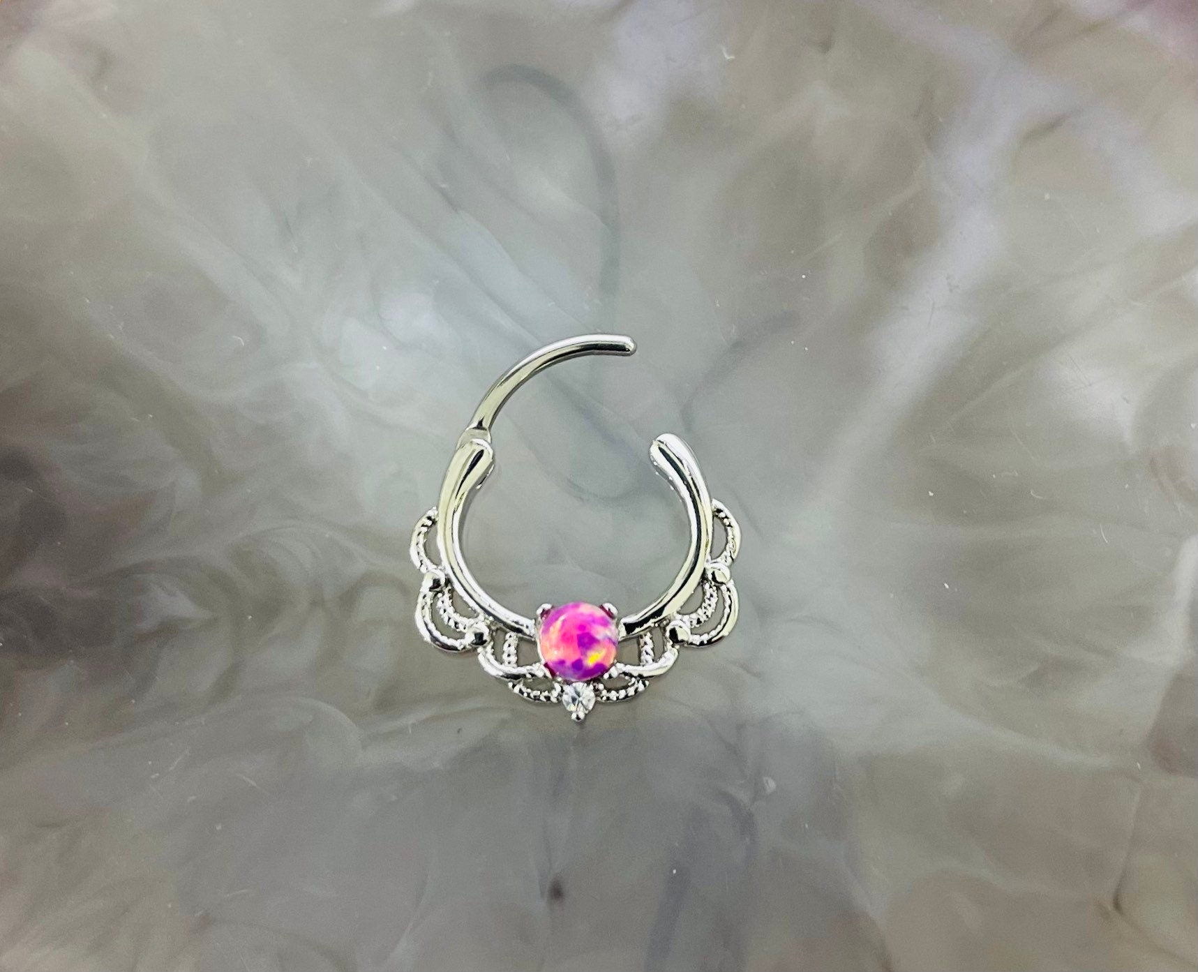 16G Silver Single Pink Opal Center Hinged Septum Clicker Ring