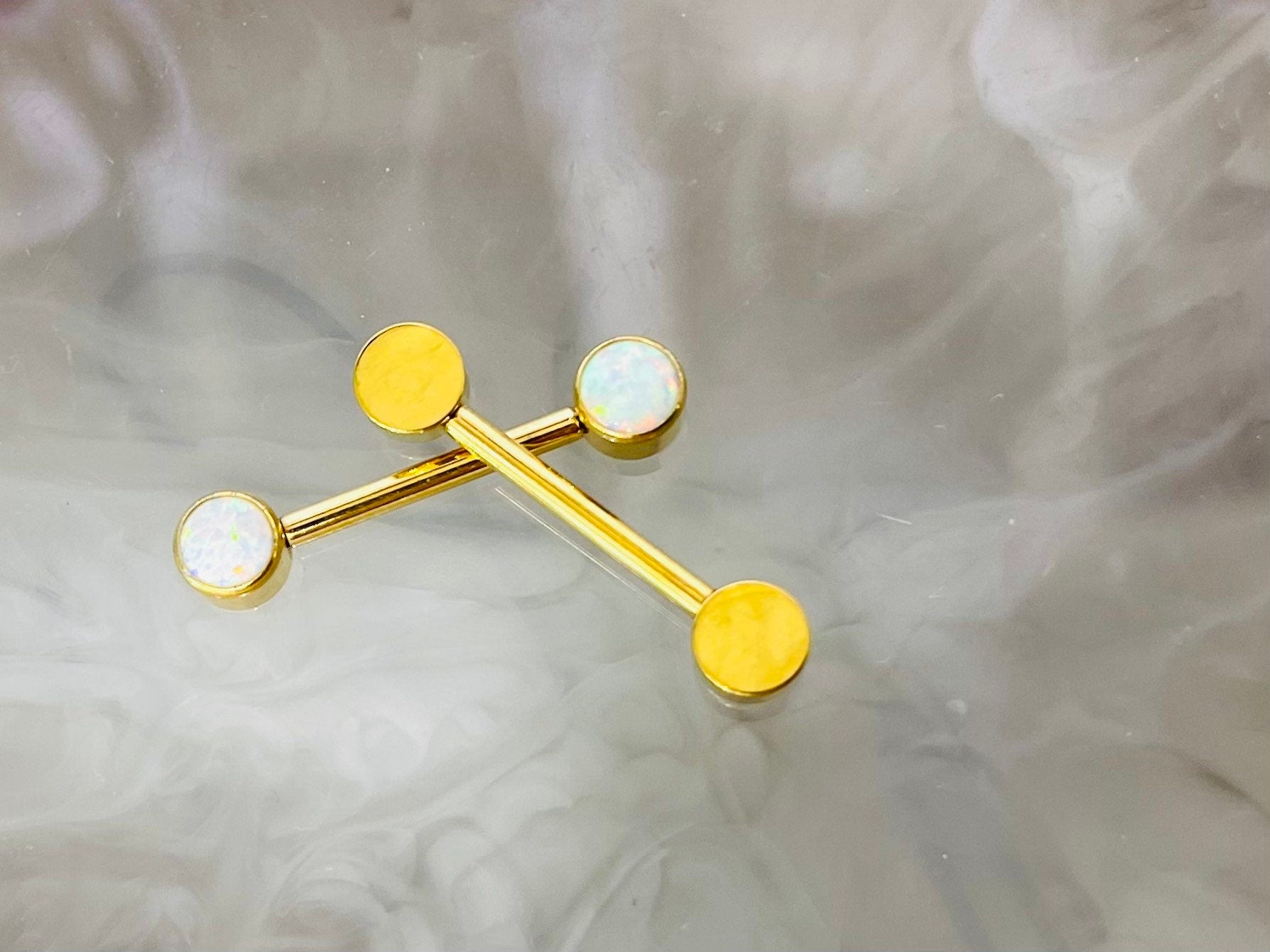 Pair of 14G Implant Grade Titanium Internally Threaded Gold Bezel Set White Opal Stone Nipple Barbell.