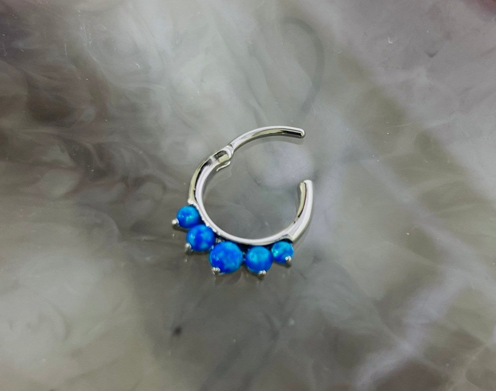 16G Silver Round Blue Opal Center Hinger Septum Clicker Ring