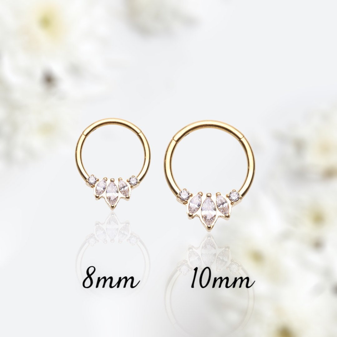 16G Gold Sparkling Marquise Stones Seamless Hinged Septum Clicker Ring. Septum Piercing. Septum Jewelry