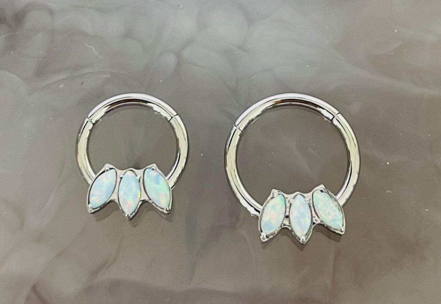 16G Silver Dainty Triple White Opal Marquise Seamless Hinged Septum Clicker Ring