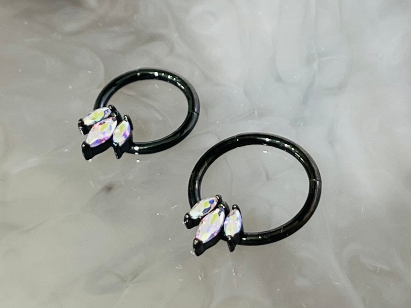 16G Black Triple Gem Iridescent Marquise Stones Seamless Hinged Septum Clicker Ring 8MM 10MM