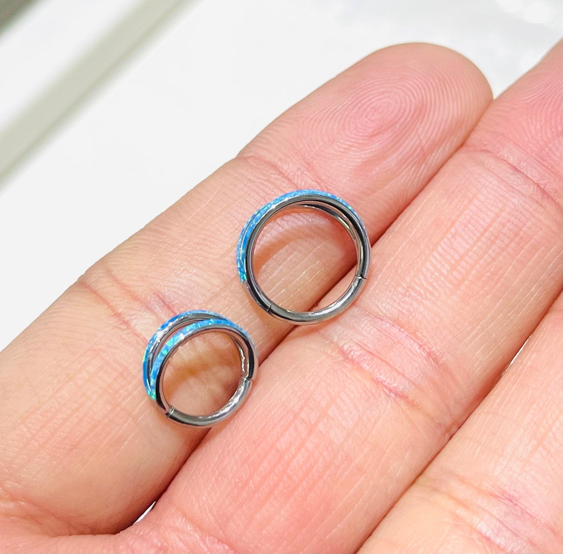 16G Implant Grade Titanium Double Line Blue Opal Hinged Clicker Ring