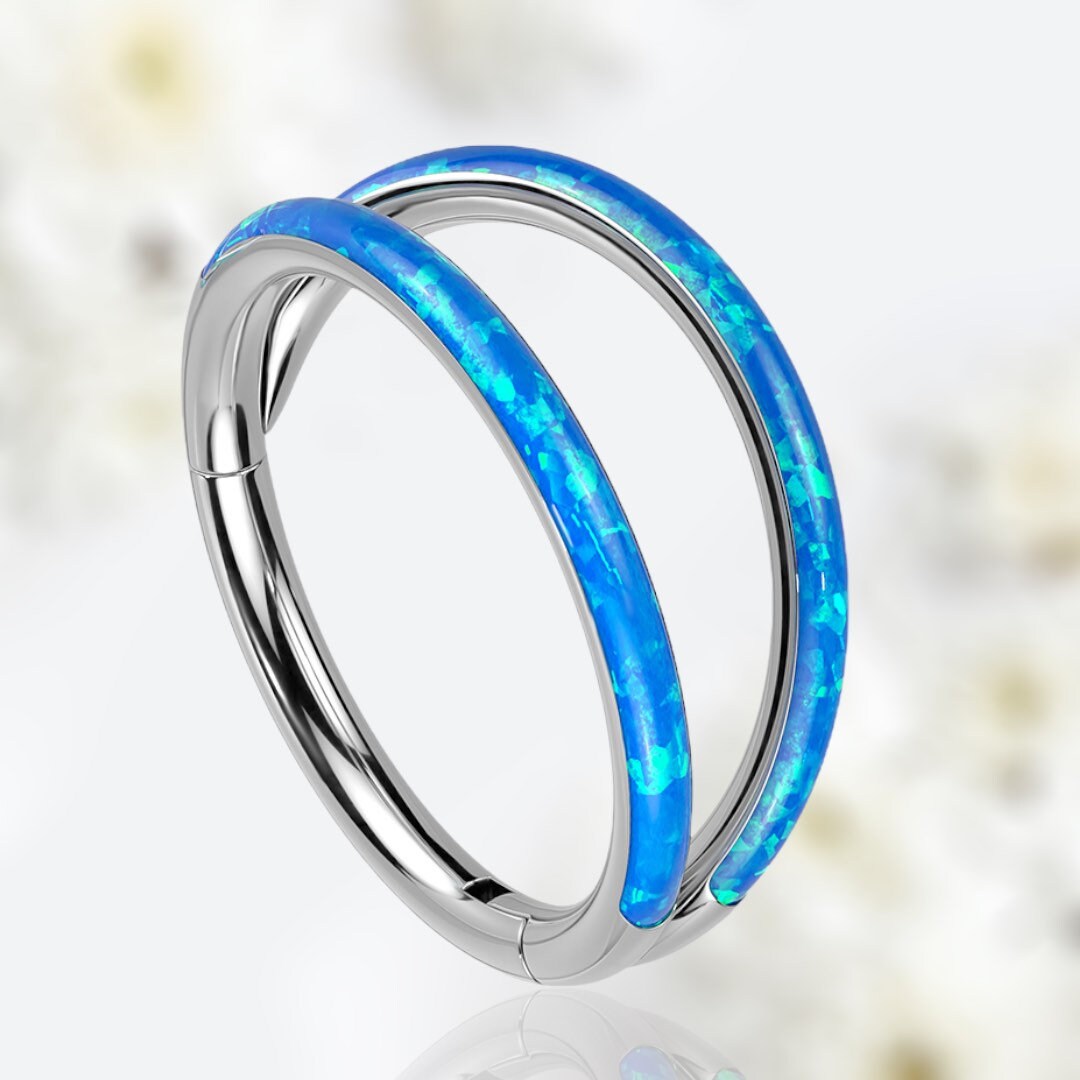 16G Implant Grade Titanium Double Line Blue Opal Hinged Clicker Ring